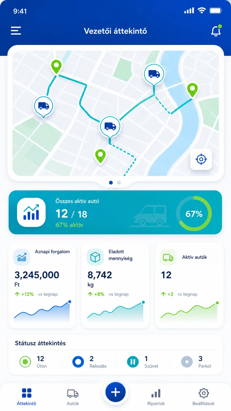 Mobil app képernyő: valós idejű forgalom és vezetői dashboard telefonon