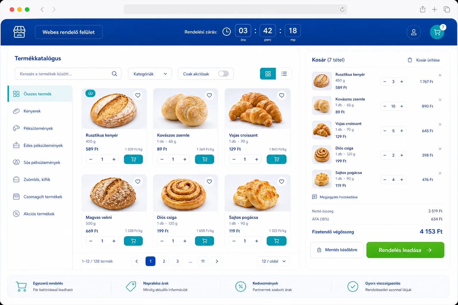 Webes megrendelő portál képernyő: termékkosár, partneri árak és zárási idő